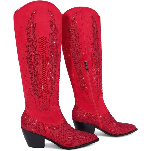 Women Polyurethane Red Knee High Pointed Toe Chunky Heel Rhinestone Tall Boot - Picture 3 of 7